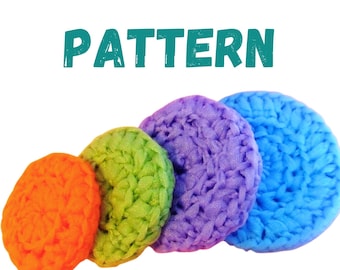 May include: Four crocheted circles in different sizes and colors, starting with orange, green, purple, and blue. The circles are arranged in a semi-circle shape, with the largest circle at the top and the smallest circle at the bottom.