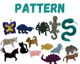 May include: A collection of 15 crocheted animal and insect patterns, including a butterfly, turtle, spider, lizard, snake, cow, dog, cat, pig, fish, bird, elephant, and a dinosaur. The word "PATTERN" is written in large, teal letters at the top of the image.