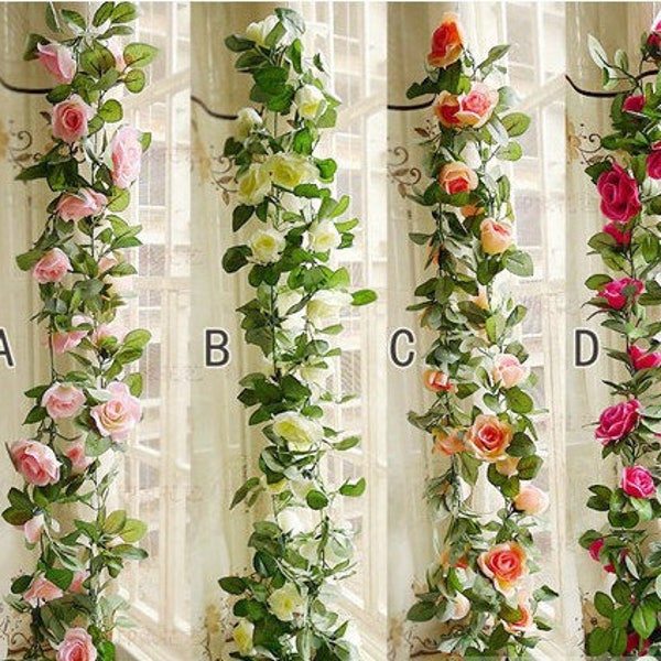 Flower Ivy Length 2.3m/90" Artificial Silk Rose Garland 2 Strands Fake Flower Ivy Leaf Vine Plants Home Hanging  Wedding Decoration