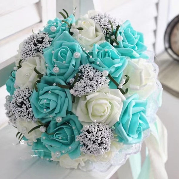 Bouquet de mariage blanc vert turquoise, bouquet de mariée fleurs turquoise, centres de table de mariage, décorations, bouquets de fleurs faux ruban de soie