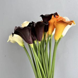 Puede incluir: Un ramo de lirios cala artificiales con flores en forma de trompeta en tonos morado oscuro, naranja vibrante y blanco crema. Cada flor está unida a un tallo verde liso y delgado, creando un arreglo floral de disposición vertical.