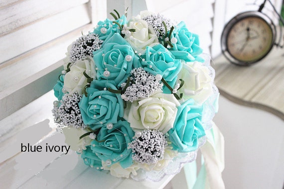 Turquoise Wedding Bouquet Pe Flowers Bridal Bouquet Wedding Etsy