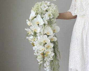 White Orchid Cascading Wedding Bouquet, White Bridal Bouquet, Rustic Wedding Flower, Made with Orchid, Hydrangea, Baby's Breath