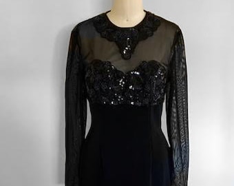 Vintage 80s 90s Illusion Dress 80s Dress Black Goth Prom Party Cocktail Sequin Beaded Mesh Long Sleeve Bodycon Dress Size 10