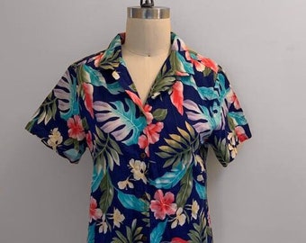 Vintage 80s Shannon Marie Hawaiian Tropical Tiki Aloha Blue Short Sleeve 100% Cotton Button Down Shirt Womens Size Large