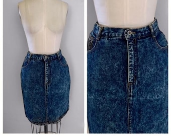 Vintage 80s 90s Bonjour Blue Acid Wash Denim Jean High Waisted Pencil Short Skirt Size 10