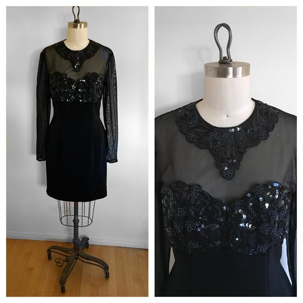 Vintage 80s 90s Illusion Dress 80s Dress Black Goth Prom Party Cocktail Sequin Beaded Mesh Long Sleeve Bodycon Dress Size 10