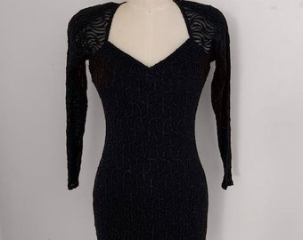 Vintage 90s Zum Zum Black Glitter Stretch Knit Bodycon Long Sleeve Mini Cocktail Goth Dress Size 7/8
