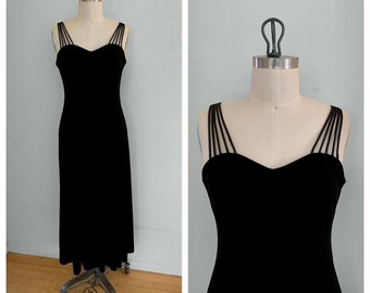 Vintage 90s Molly Malloy Black Velvet Sweetheart Sleeveless Maxi Long Cocktail Evening Prom Dress Size 8