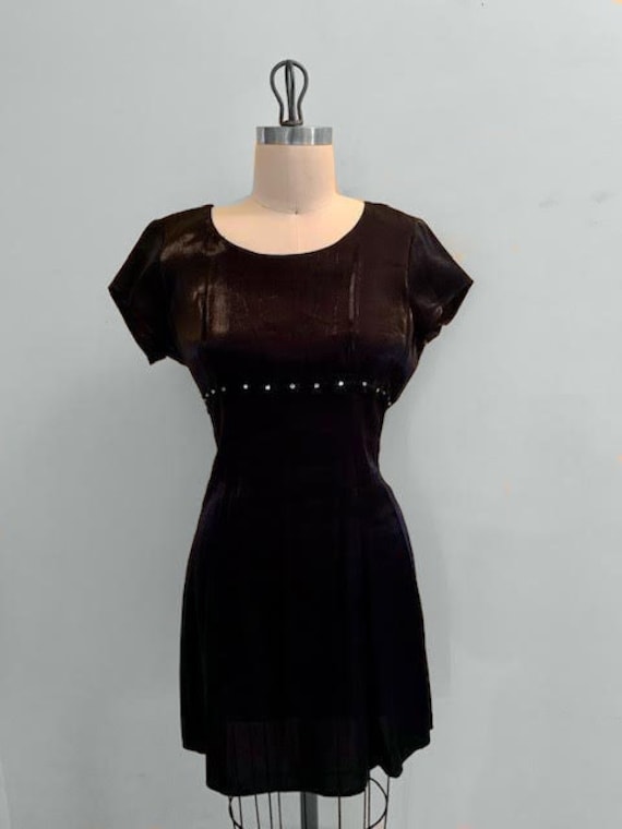 Vintage 90s R-Wear Rampage Black Satin Empire Waist Short Sleeve Embroidered Daisy Flowers Cocktail Mini Dress Size Large or 11