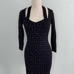 Vintage 90s Squeeze Black Floral Sweetheart Neckline Long Sleeve Bodycon Mini Dress Size Medium image 1