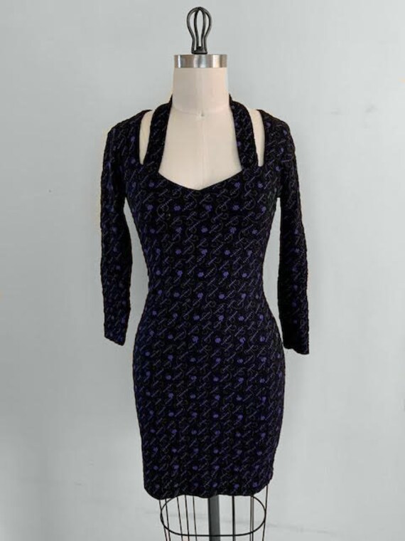 Vintage 90s Squeeze Black Floral Sweetheart Neckline Long Sleeve Bodycon Mini Dress Size Medium