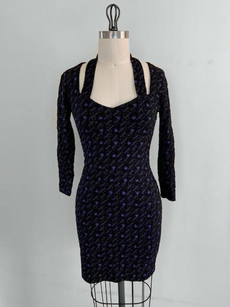 Vintage 90s Squeeze Black Floral Sweetheart Neckline Long Sleeve Bodycon Mini Dress Size Medium image 1