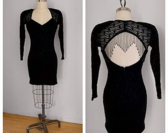 Vintage 90s Zum Zum Black Glitter Stretch Knit Bodycon Long Sleeve Mini Cocktail Goth Dress Size 7/8