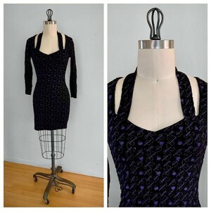 Vintage 90s Squeeze Black Floral Sweetheart Neckline Long Sleeve Bodycon Mini Dress Size Medium image 2