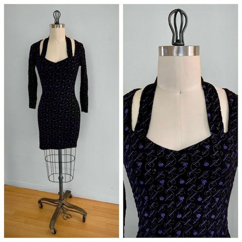 Vintage 90s Squeeze Black Floral Sweetheart Neckline Long Sleeve Bodycon Mini Dress Size Medium image 2