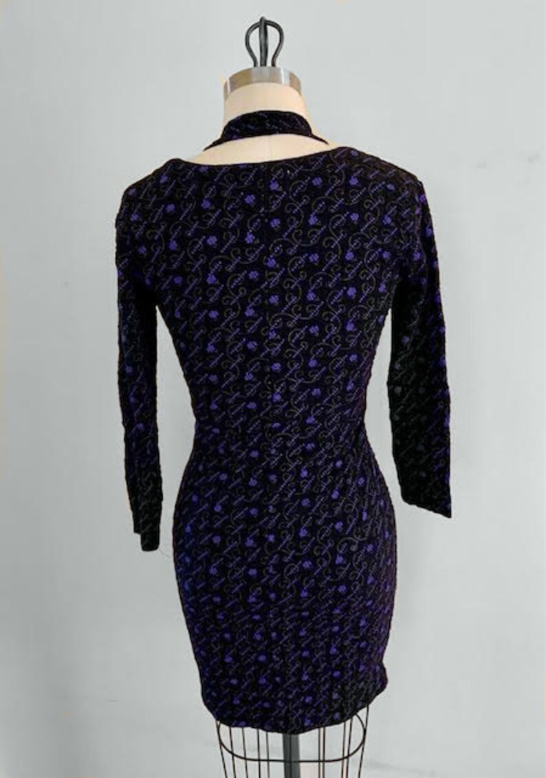 Vintage 90s Squeeze Black Floral Sweetheart Neckline Long Sleeve Bodycon Mini Dress Size Medium image 5