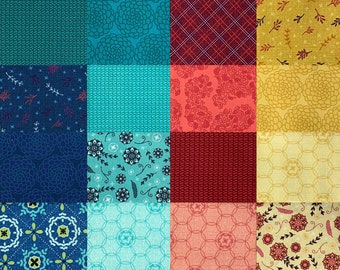 MABON - Fat Quarter Bundle #1 - 22 Different Prints - Blue Yellow Purple Cotton Quilt Fabric - Shelley Cavanna for Benartex Fabrics (W6530)