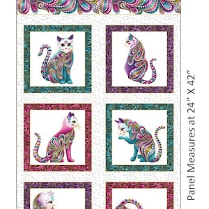 CAT-I-TUDE 24&quot; Panel in White Multi - Colorful Cotton Quilt Fabric w Metallic Accents - Ann Lauer for Benartex Fabrics - 4200M-09 (W8567)