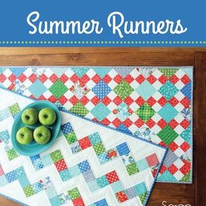 May include: Two colorful patchwork table runners in red, green, blue, and white. The runners are made of fabric scraps and are perfect for adding a touch of summer to your home decor. The text "Summer Runners" and "Scrap Friendly!" is visible in the image.