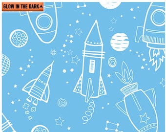 ALL SYSTEMS GLOW - Outer Space Glow in Sky Blue - Glow in the Dark - Rocket Cotton Quilt Fabric - Benartex Fabrics - 7953GL-50 (W6129)