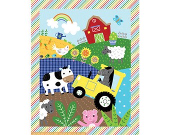 FARM FRIENDS - 24" x 42" Panel - Cow Chicken Barn Cotton Quilt Fabric - by Whistler Studios for Windham Fabrics - 52611P-1 (W7700)