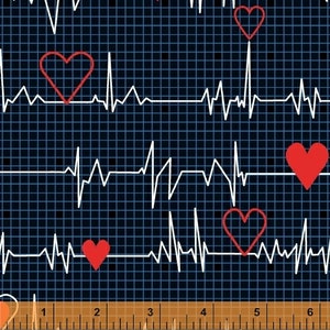 Calling All Nurses - Heart Beat EKG in Black - Cotton Quilt Fabric - Whistler Studios for Windham Fabrics 37302-1 (W449)