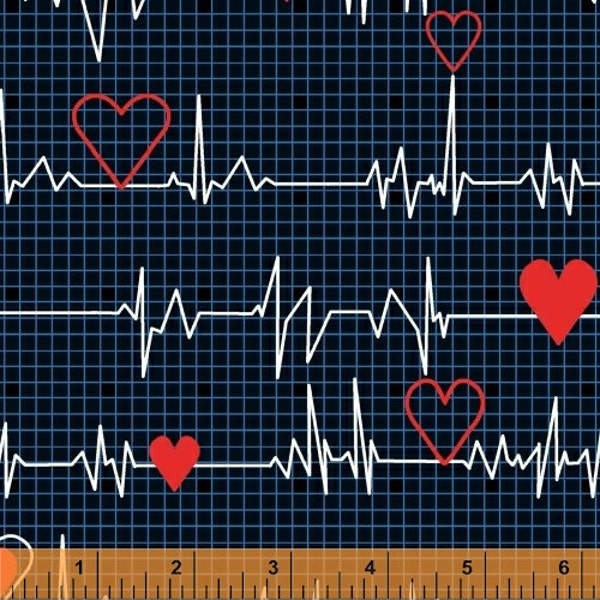 Calling All Nurses - Heart Beat EKG in Black - Cotton Quilt Fabric - Whistler Studios for Windham Fabrics 37302-1 (W449)