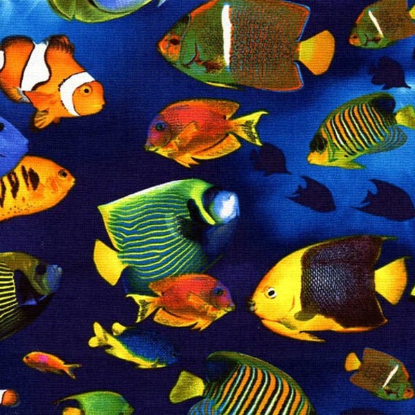 1-2/3 Yard Remnant OCEAN AVE. - Bermuda Reef in Deep Blue - Beautiful Fish Cotton Quilt Fabric - Benartex Fabrics - 5956-55 (W3725)