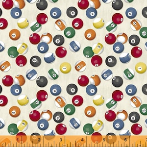 May include: A cream-colored fabric with a repeating pattern of colorful billiard balls. Each ball has a number from 1 to 13 printed on it.