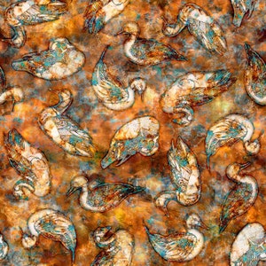 CEDAR RIDGE - Batik (Look) Ducks in Dark Amber - Duck Bird Cotton Quilt Fabric - Dan Morris - Quilting Treasures Fabrics - 27656-S W7367