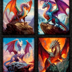 May include: A four-panel artwork featuring fantasy dragons. Each panel showcases a different dragon with vibrant colors, including red, orange, blue, and purple. The dragons are perched on rocky landscapes, with a castle and waterfall in the background.