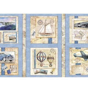 May include: A blue and white fabric panel with a collage of vintage travel images. The images include a vintage airplane, a sailboat, a train, a hot air balloon, a car, and a compass. The fabric panel is perfect for quilting, scrapbooking, or other craft projects.