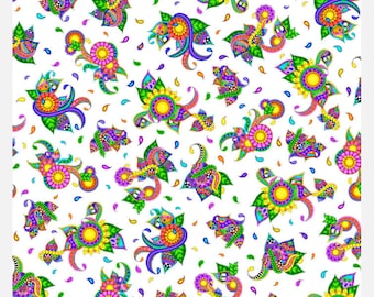May include: A seamless pattern featuring colourful, whimsical floral designs on a white background. The flowers are stylised and have a variety of shapes and sizes. The pattern is perfect for adding a touch of whimsy to any project.