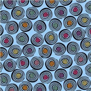 May include: A seamless pattern of colorful, swirling circles on a light blue background. The circles are filled with small dots in various colors, creating a playful and vibrant design.