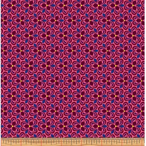 May include: A pink fabric with a repeating pattern of blue and burgundy stylized flowers with yellow centers.