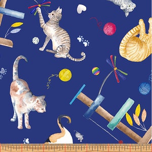 KITTY CITY - Live Love Purr in Dark Blue - Cotton Cat Town Fabric - Crazy Cat Lady Meow - Andi Metz for Benartex Fabrics - 12469-50 (W7969)