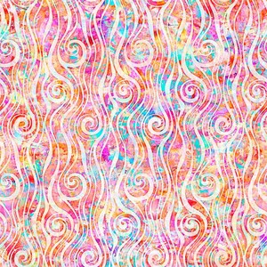 May include: Abstract seamless pattern with white swirls on a pink, orange, and blue background. The swirls are arranged in vertical rows and create a wavy effect.
