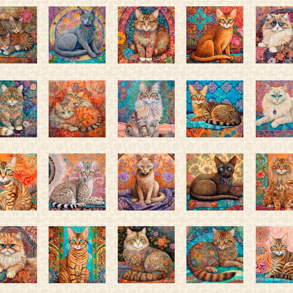 QUILT ROOM KITTIES - 36" Cat Picture Patches Panel in Cream - Cotton Quilt Fabric - Morris Creative Group for Q T Fabrics - 30377-E (W8959)