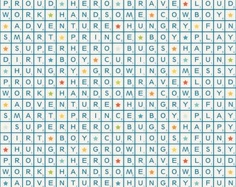 May include: A blue and white fabric with a grid pattern. Each square contains a letter and a star. The letters spell out words related to childhood, such as "boy", "hero", "play", and "adventure".