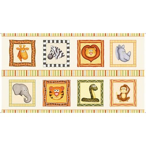 May include: A beige fabric panel with a repeating pattern of colorful animal faces in frames. The animals include a giraffe, zebra, lion, rhinoceros, elephant, tiger, snake, and monkey.