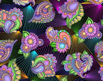 May include: A colourful, intricate paisley pattern with a black background. The pattern features a variety of shapes and colours, including pink, purple, green, and yellow. The design is repeated throughout the image, creating a seamless pattern.