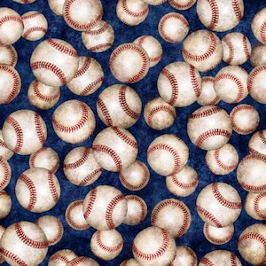 BASES LOADED - Tossed Baseballs in Navy - Blue Baseball Cotton Quilt Fabric - Morris Creative Group for QT Fabrics - 30346-N (W9063)