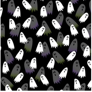 May include: A black background with a repeating pattern of white ghosts. The ghosts are in various sizes and positions, creating a fun and spooky Halloween design.