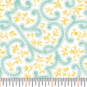 May include: White fabric with a repeating pattern of teal blue and yellow floral swirls. The fabric is measured with a ruler in inches.