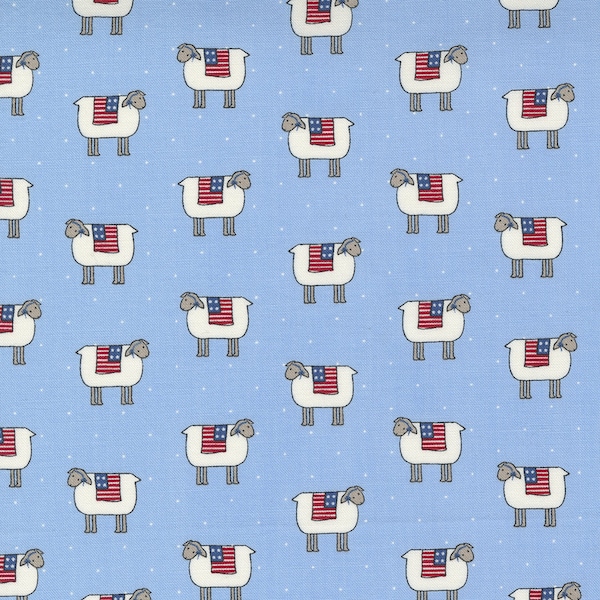 PRAIRIE DAYS - Sheep in Sky Blue - Red USA Farm Heartland Cotton Quilt Fabric - 2991-17 - Bunny Hill Designs - Moda Fabrics  (W8609)