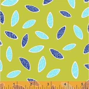 LULU - Tossed Leaves in Citrus Green - Blue Leaf Cotton Quilt Fabric - by Another Point of View for Windham Fabrics 38921-3 (W2625)