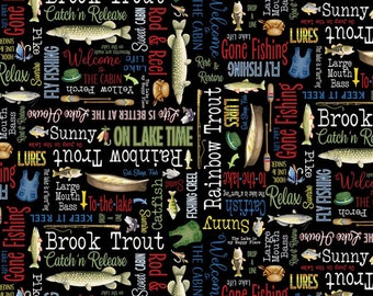 KEEP IT REEL Lakeside Words in Black - Green Blue Fishing Cotton Quilt Fabric - Andi Metz - Benartex Fabrics - W8494 7927-12