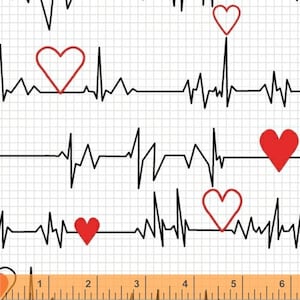 Calling All Nurses - Heart Beat EKG in White - Cotton Quilt Fabric - Whistler Studios for Windham Fabrics 37302-2 (W450)