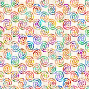 May include: A seamless pattern of colorful, swirling, spiral designs on a white background. The spirals are outlined in white and filled with a variety of colors, including pink, blue, green, yellow, and orange.